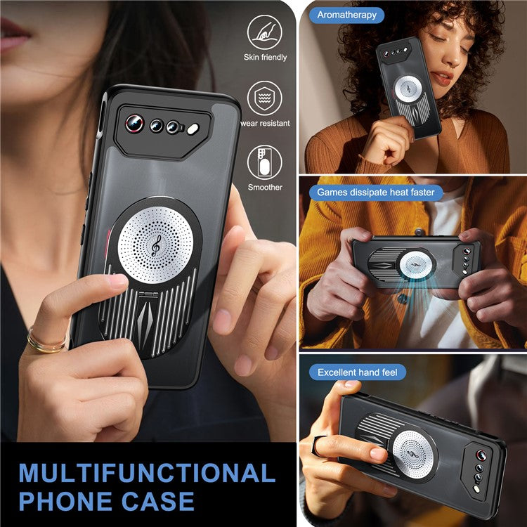For Asus ROG Phone 7 5G Magnetic Case Heat Dissipation Aromatherapy Kickstand Silicone+PC Phone Cover - Black