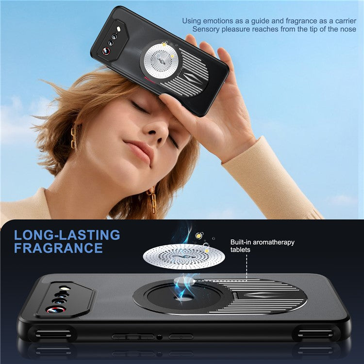 For Asus ROG Phone 7 5G Magnetic Case Heat Dissipation Aromatherapy Kickstand Silicone+PC Phone Cover - Black