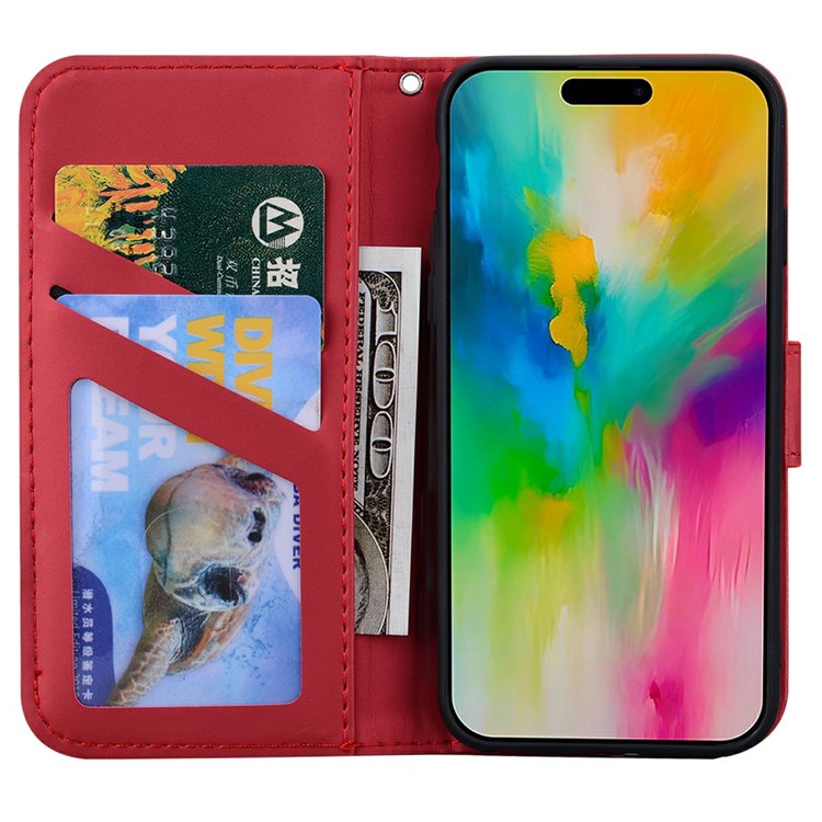 For iPhone 16 Pro Case Cartoon Pattern Wallet Leather Phone Cover - Red