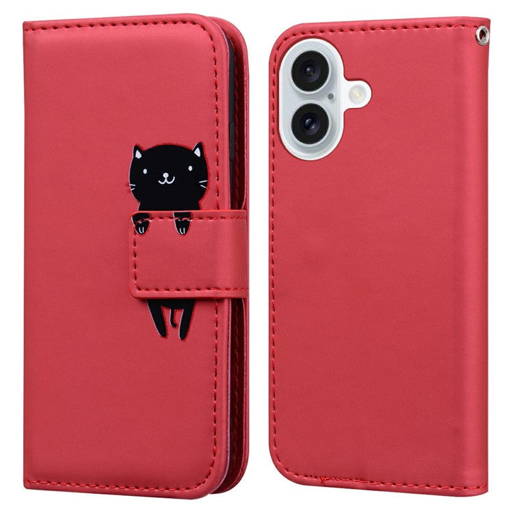 For iPhone 16 Case Cartoon Pattern Wallet Leather Phone Cover - Red