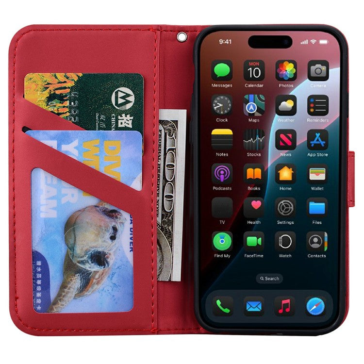 For iPhone 16 Case Cartoon Pattern Wallet Leather Phone Cover - Red