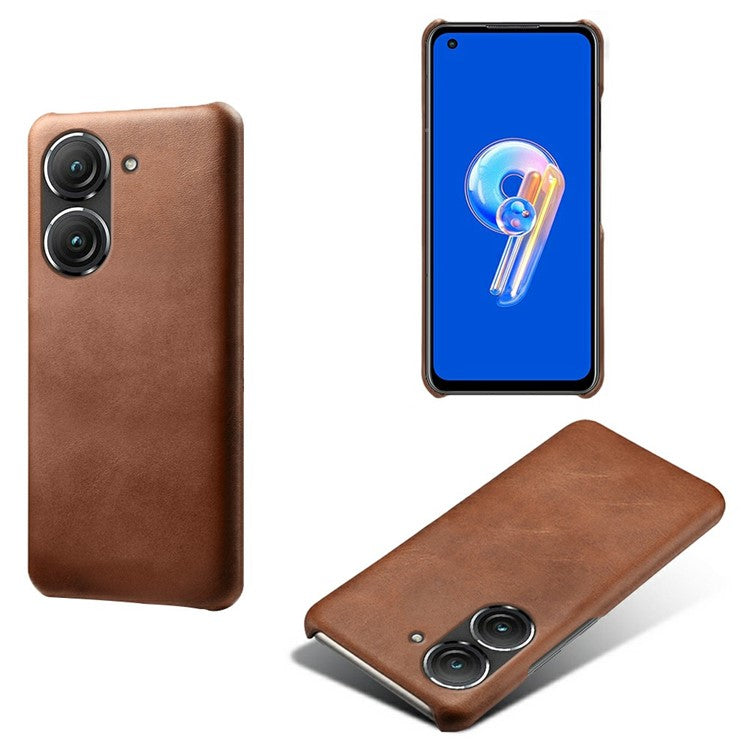 For Asus Zenfone 9 5G Calf Texture PU Leather Coated Hard PC Case Shockproof Protective Phone Cover - Brown