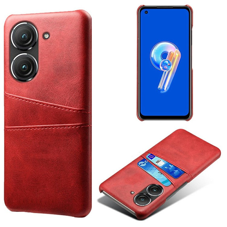 For Asus Zenfone 9 5G Dual Card Slots Design Slim Phone Case PU Leather Coated Hard PC Shockproof Back Cover - Red