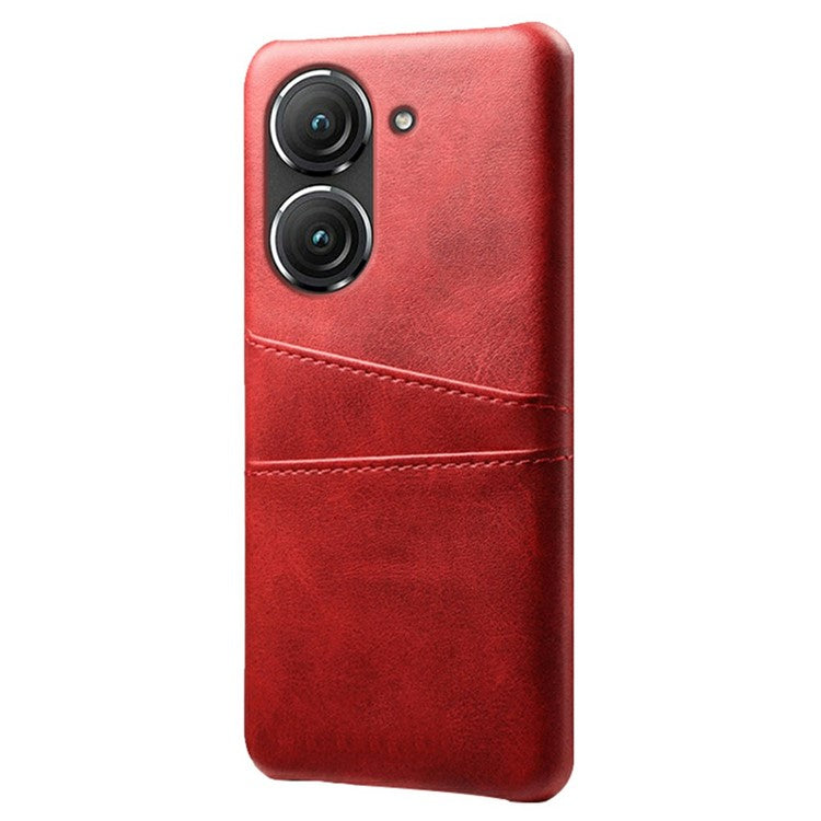 For Asus Zenfone 9 5G Dual Card Slots Design Slim Phone Case PU Leather Coated Hard PC Shockproof Back Cover - Red