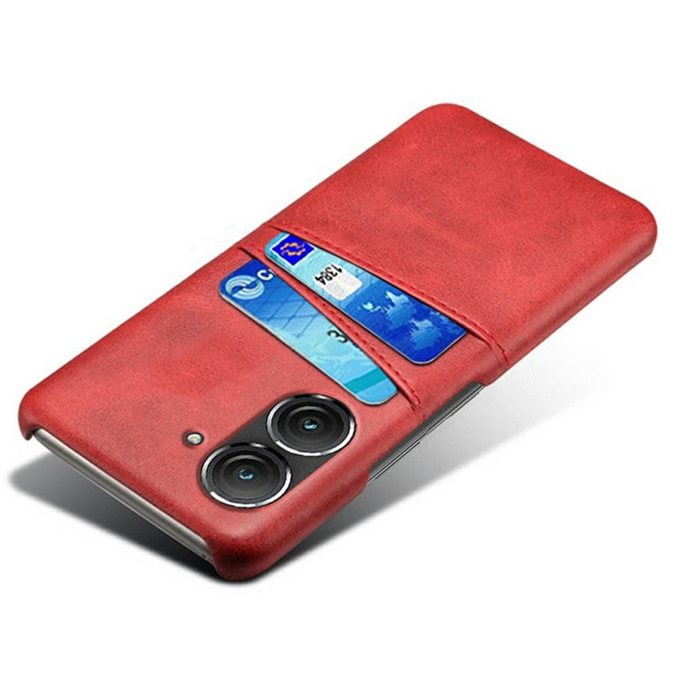 For Asus Zenfone 9 5G Dual Card Slots Design Slim Phone Case PU Leather Coated Hard PC Shockproof Back Cover - Red