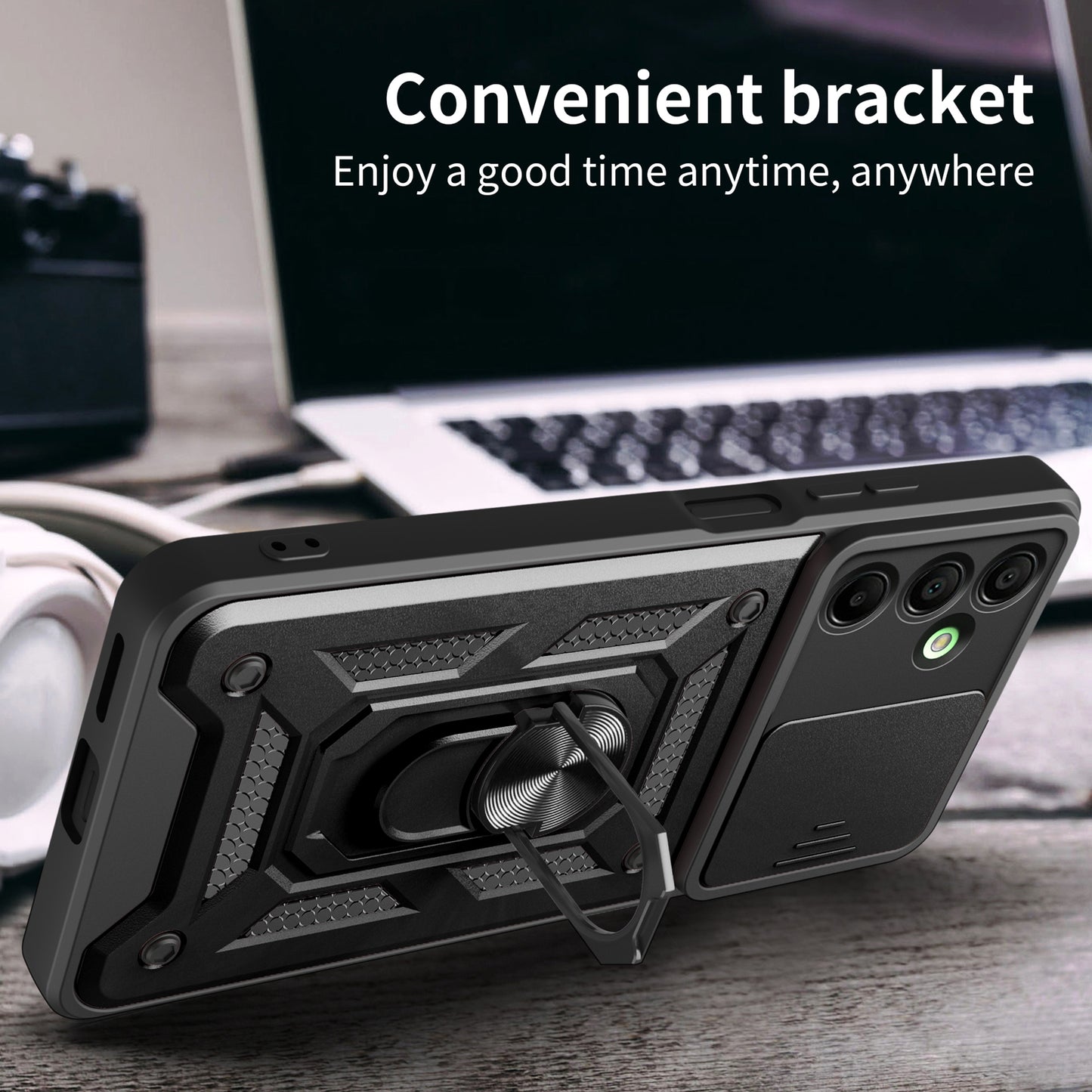 For Samsung Galaxy A16 5G / A16 4G Case with Slide Camera Lid PC+TPU Kickstand Phone Cover - Black