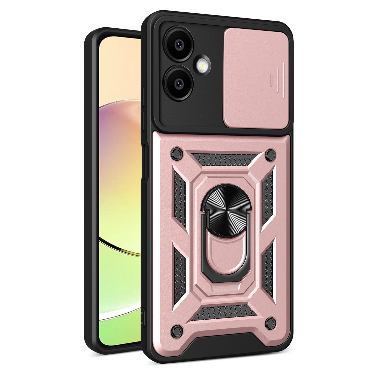 For Samsung Galaxy A06 Case with Slide Camera Lid PC+TPU Kickstand Phone Cover - Rose Gold