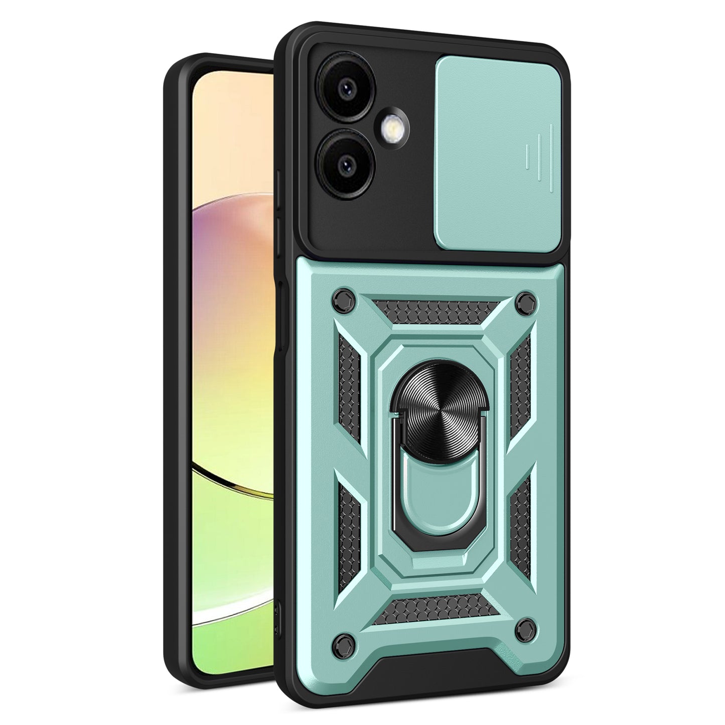 For Samsung Galaxy A06 Case with Slide Camera Lid PC+TPU Kickstand Phone Cover - Green