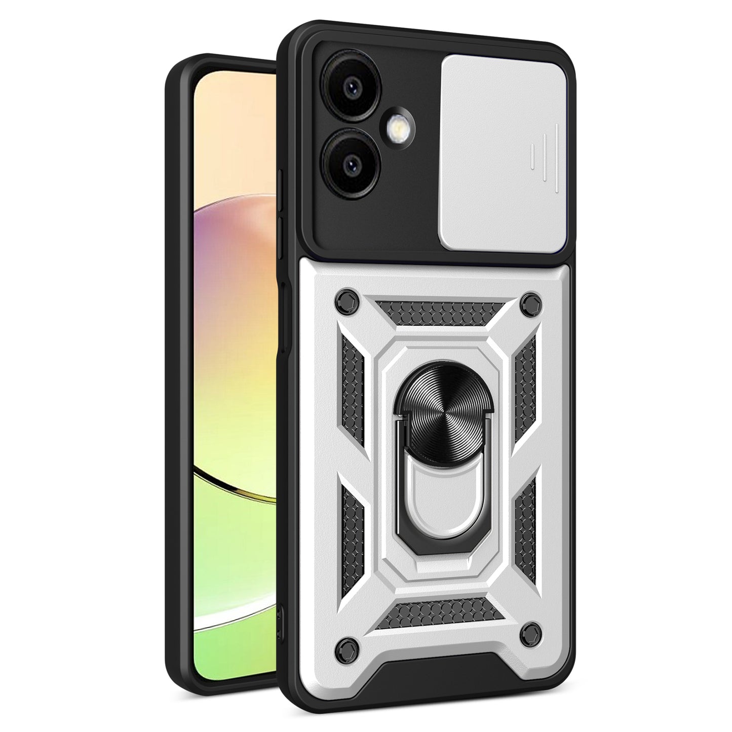 For Samsung Galaxy A06 Case with Slide Camera Lid PC+TPU Kickstand Phone Cover - Silver