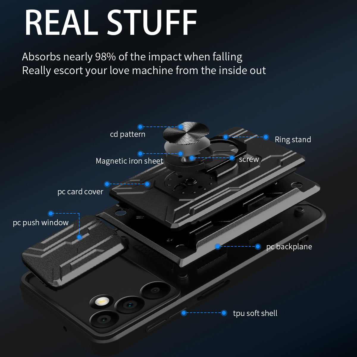 For Samsung Galaxy A16 5G / A16 4G Case PC+TPU Kickstand Phone Back Cover with Camera Slider - Black