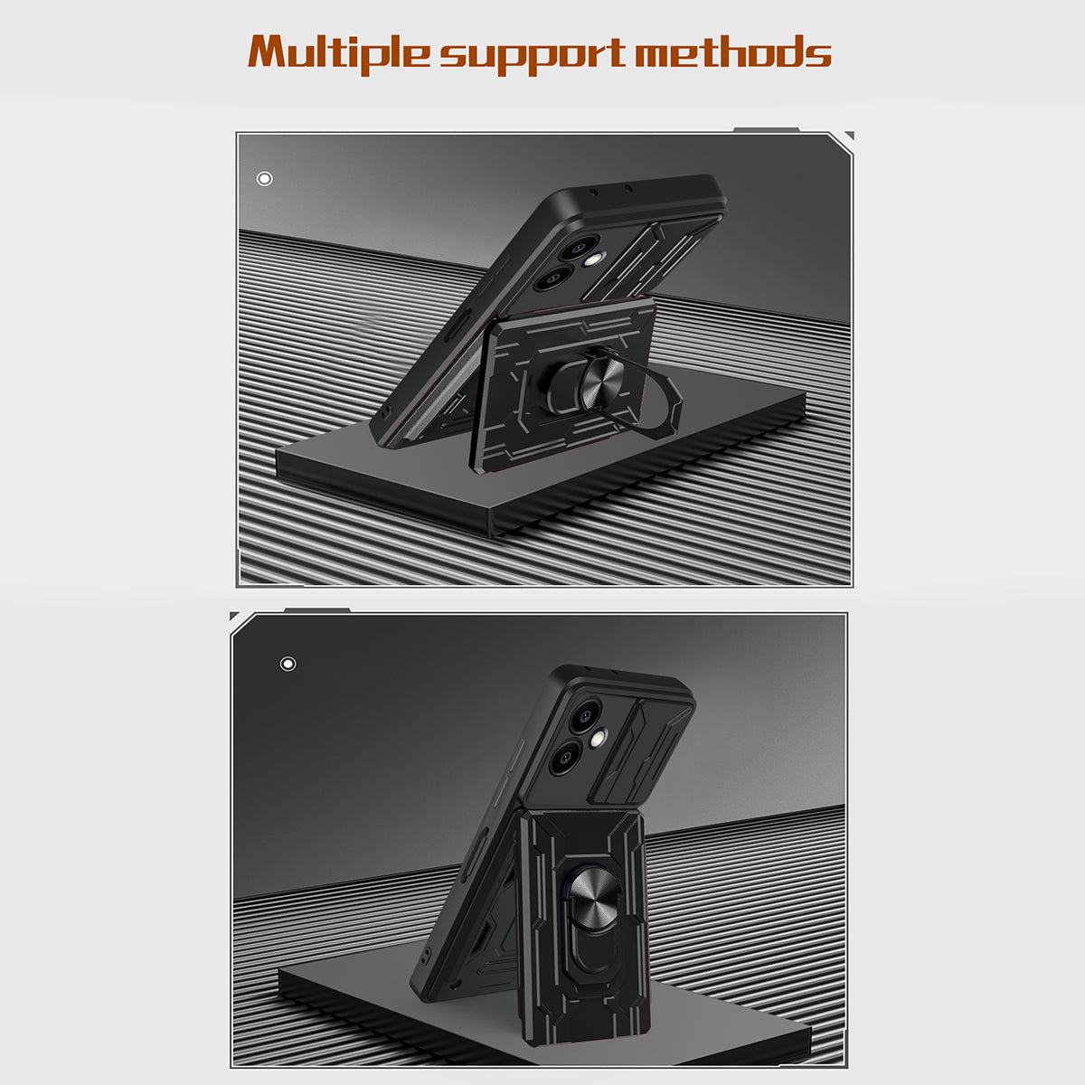 For Samsung Galaxy A06 Case PC+TPU Kickstand Phone Back Cover with Camera Slider - Black