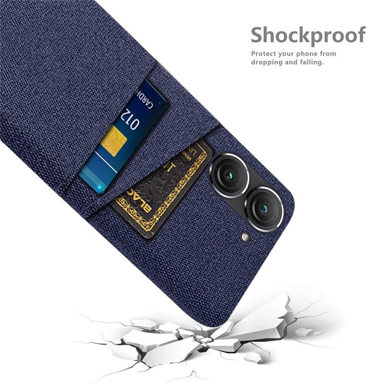 For Asus Zenfone 9 5G Drop-proof Cloth Texture Phone Case with Dual Card Slots Scratch Resistant PC Protective Cover - Blue