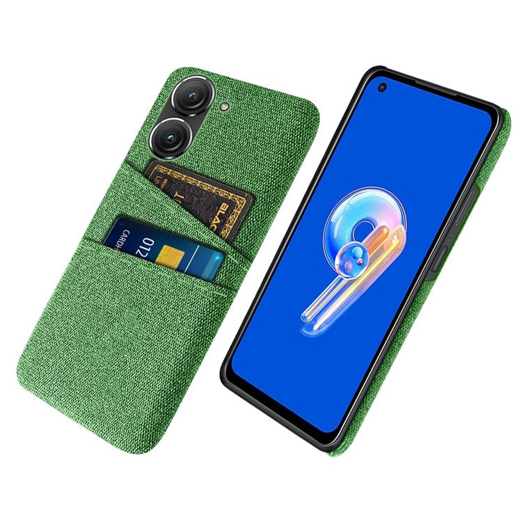 For Asus Zenfone 9 5G Drop-proof Cloth Texture Phone Case with Dual Card Slots Scratch Resistant PC Protective Cover - Green
