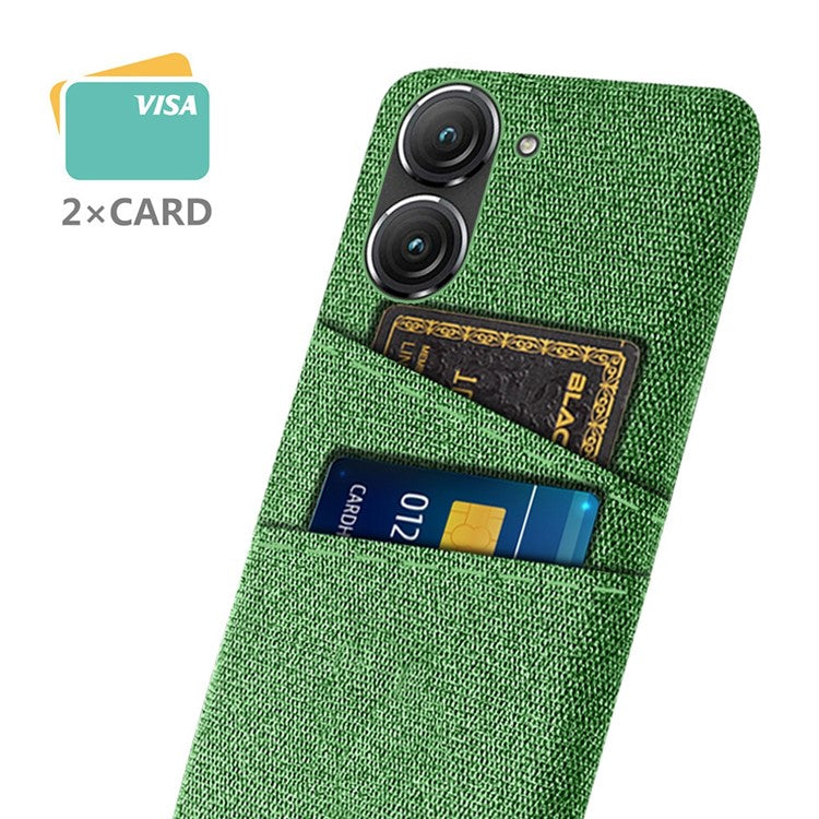 For Asus Zenfone 9 5G Drop-proof Cloth Texture Phone Case with Dual Card Slots Scratch Resistant PC Protective Cover - Green