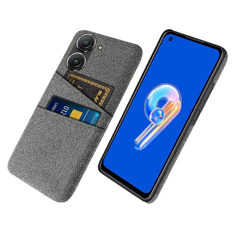 For Asus Zenfone 9 5G Drop-proof Cloth Texture Phone Case with Dual Card Slots Scratch Resistant PC Protective Cover - Grey