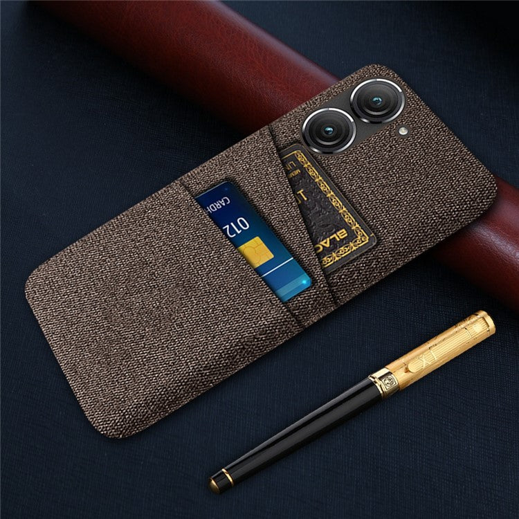 For Asus Zenfone 9 5G Drop-proof Cloth Texture Phone Case with Dual Card Slots Scratch Resistant PC Protective Cover - Brown