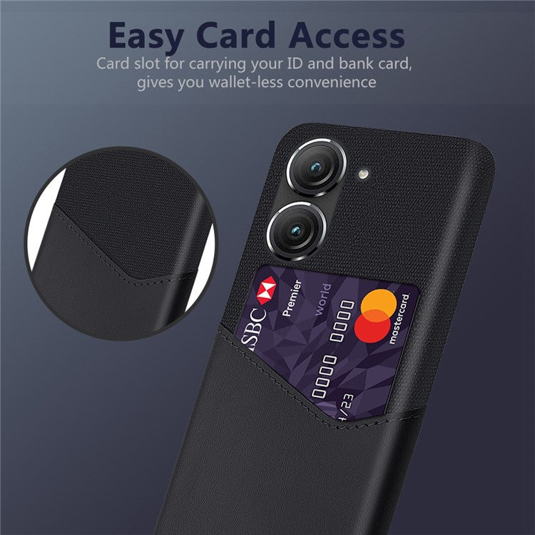 For Asus Zenfone 9 5G Cloth Texture PU Leather + PC Back Case Card Holder Anti-drop Protective Phone Cover - Black