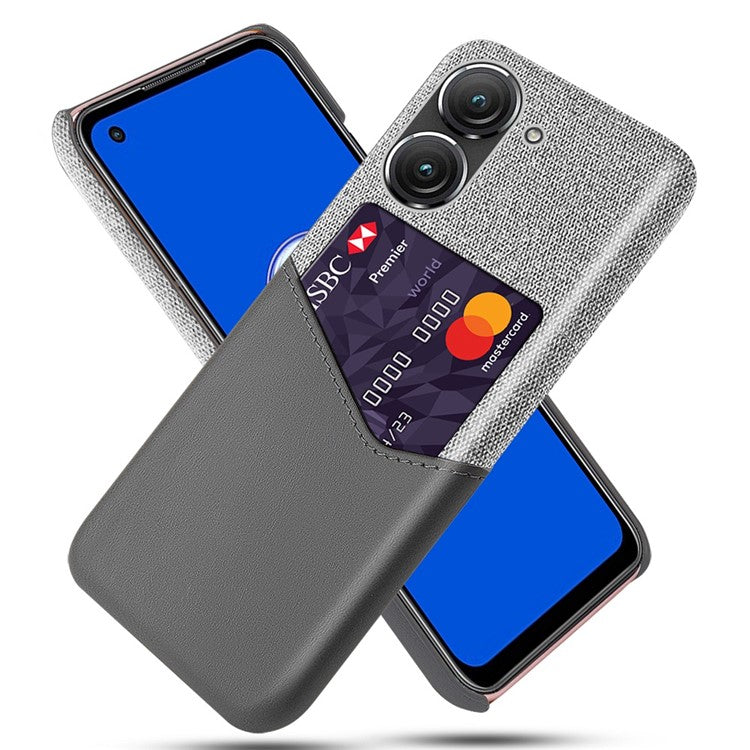 For Asus Zenfone 9 5G Cloth Texture PU Leather + PC Back Case Card Holder Anti-drop Protective Phone Cover - Grey