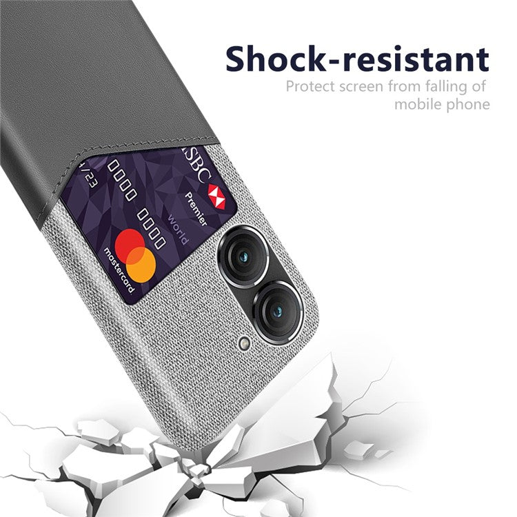 For Asus Zenfone 9 5G Cloth Texture PU Leather + PC Back Case Card Holder Anti-drop Protective Phone Cover - Grey