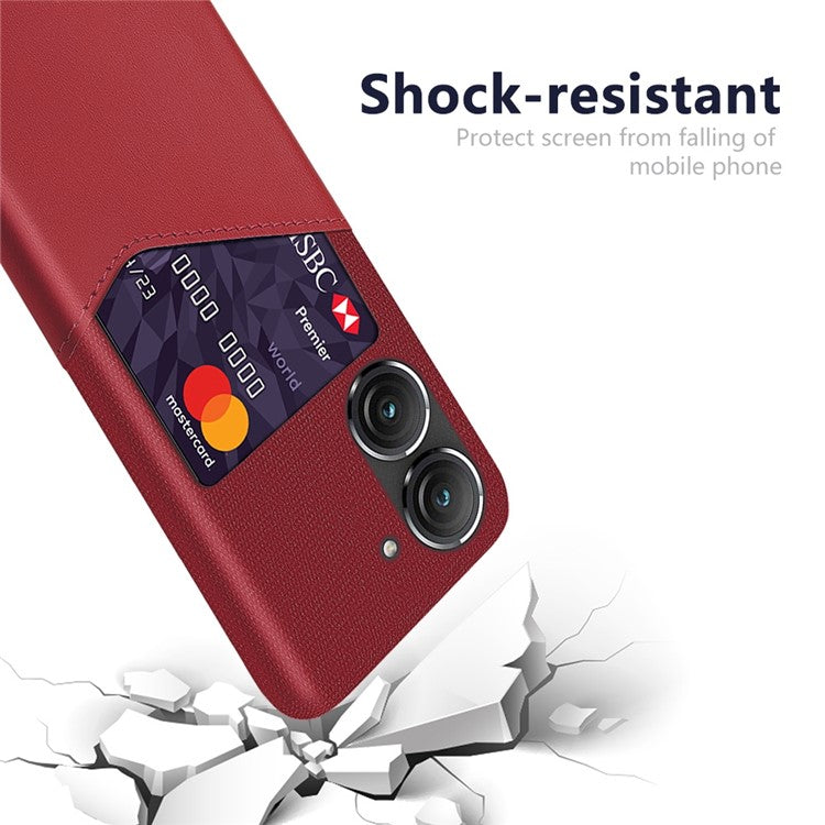 For Asus Zenfone 9 5G Cloth Texture PU Leather + PC Back Case Card Holder Anti-drop Protective Phone Cover - Red