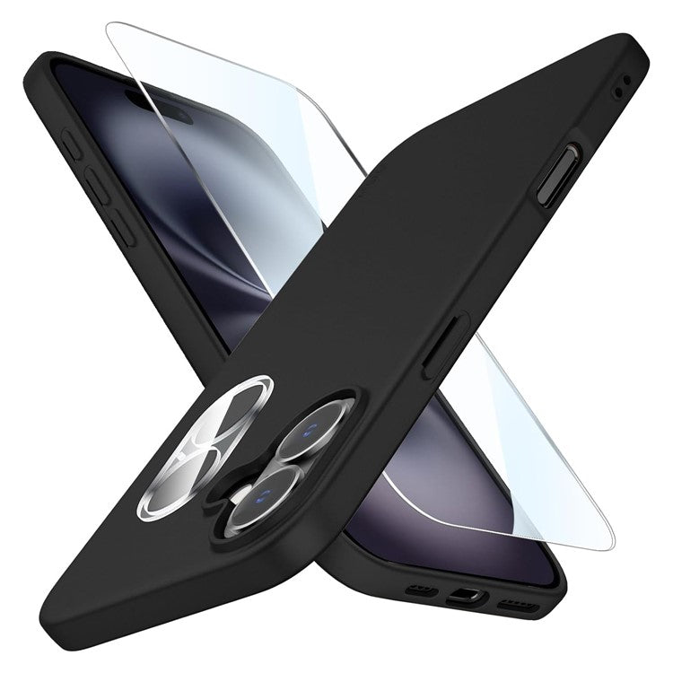 For iPhone 16 Matte TPU Anti-Scratch Phone Case + Tempered Glass Lens Film + 2.5D Arc Edge Screen Protector