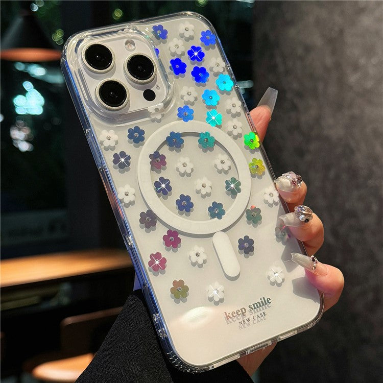 For iPhone 16 Pro Case Compatible with MagSafe Laser Flower PC+TPU Clear Phone Cover - Cream Flowers