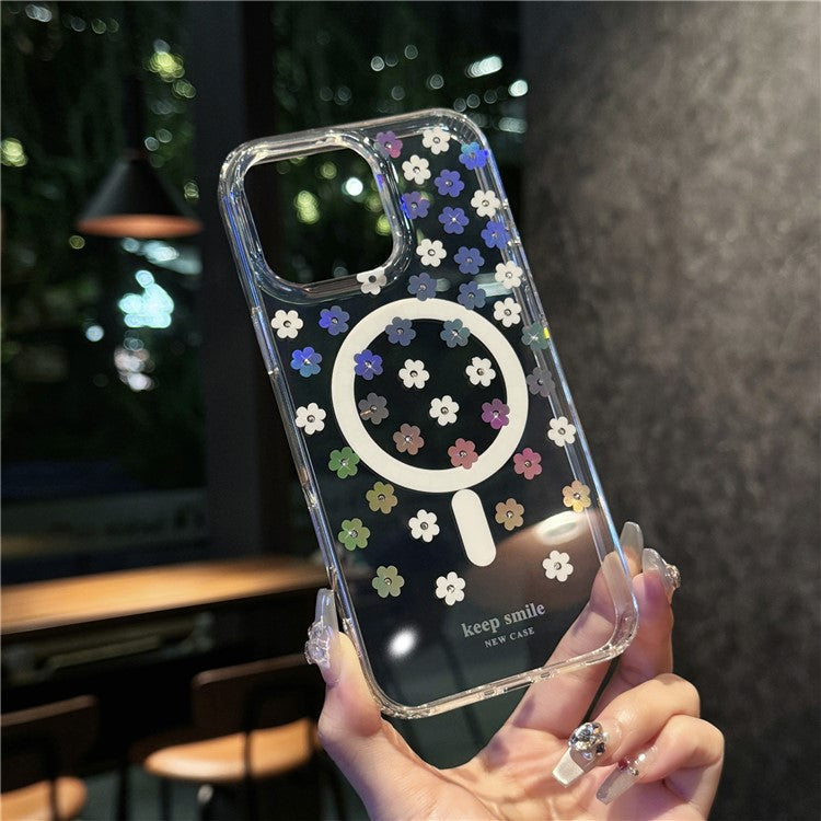 For iPhone 16 Pro Case Compatible with MagSafe Laser Flower PC+TPU Clear Phone Cover - Cream Flowers