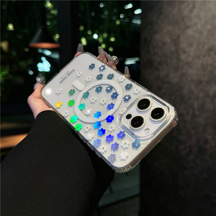 For iPhone 16 Pro Case Compatible with MagSafe Laser Flower PC+TPU Clear Phone Cover - Cream Flowers