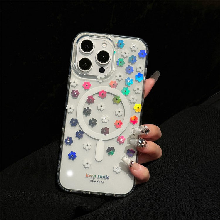 For iPhone 16 Pro Case Compatible with MagSafe Laser Flower PC+TPU Clear Phone Cover - Cream Flowers