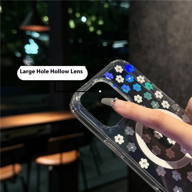 For iPhone 16 Pro Case Compatible with MagSafe Laser Flower PC+TPU Clear Phone Cover - Cream Flowers