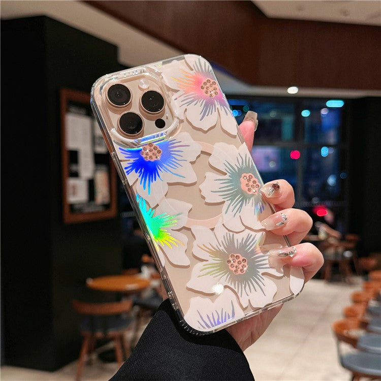For iPhone 16 Pro Case Compatible with MagSafe Laser Flower PC+TPU Clear Phone Cover - Lily