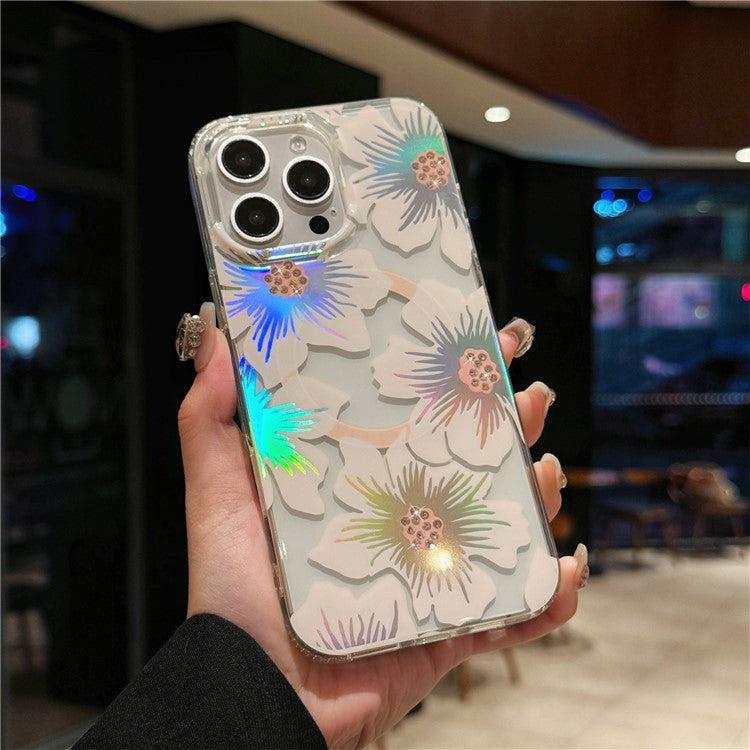 For iPhone 16 Pro Case Compatible with MagSafe Laser Flower PC+TPU Clear Phone Cover - Lily