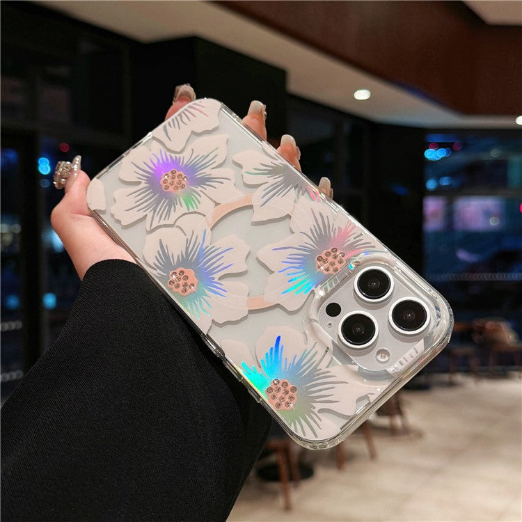 For iPhone 16 Pro Case Compatible with MagSafe Laser Flower PC+TPU Clear Phone Cover - Lily