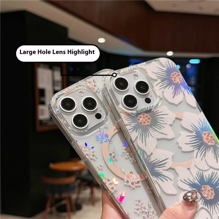 For iPhone 16 Pro Case Compatible with MagSafe Laser Flower PC+TPU Clear Phone Cover - Lily