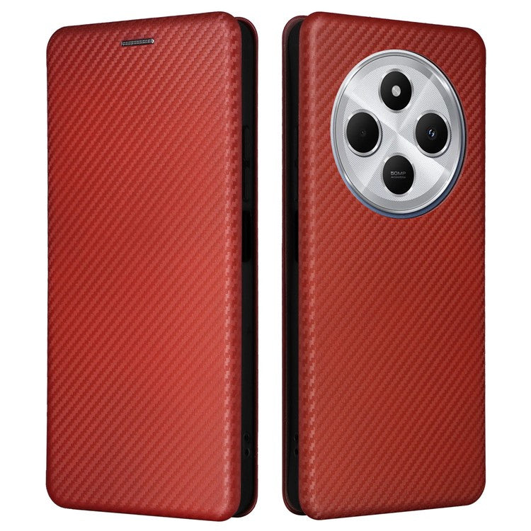 For Xiaomi Poco C75 4G / Redmi 14R 5G / 14C 4G Case Carbon Fiber Texture Drop-Proof PU Leather Phone Cover - Brown