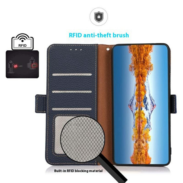 KHAZNEH For Motorola Edge 50 Neo 5G / Moto S50 5G / Thinkphone 25 5G Phone Case Genuine Cow Leather Cover RFID Blocking - Blue