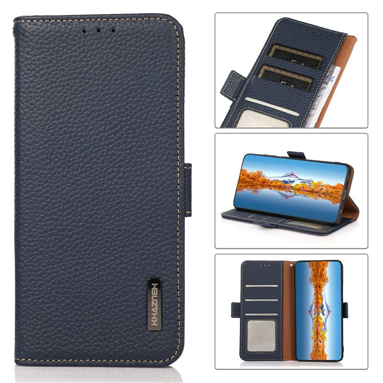 KHAZNEH For Motorola Edge 50 Neo 5G / Moto S50 5G / Thinkphone 25 5G Phone Case Genuine Cow Leather Cover RFID Blocking - Blue