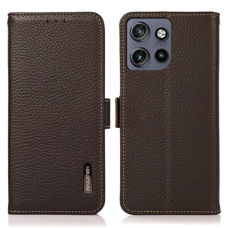 KHAZNEH For Motorola Edge 50 Neo 5G / Moto S50 5G / Thinkphone 25 5G Phone Case Genuine Cow Leather Cover RFID Blocking - Brown