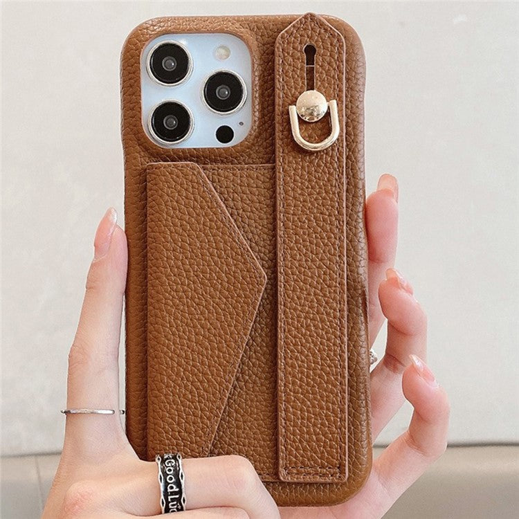 For iPhone 16 Pro Case Wristband Kickstand Card Slot PU Leather+PET Phone Cover - Dark Brown