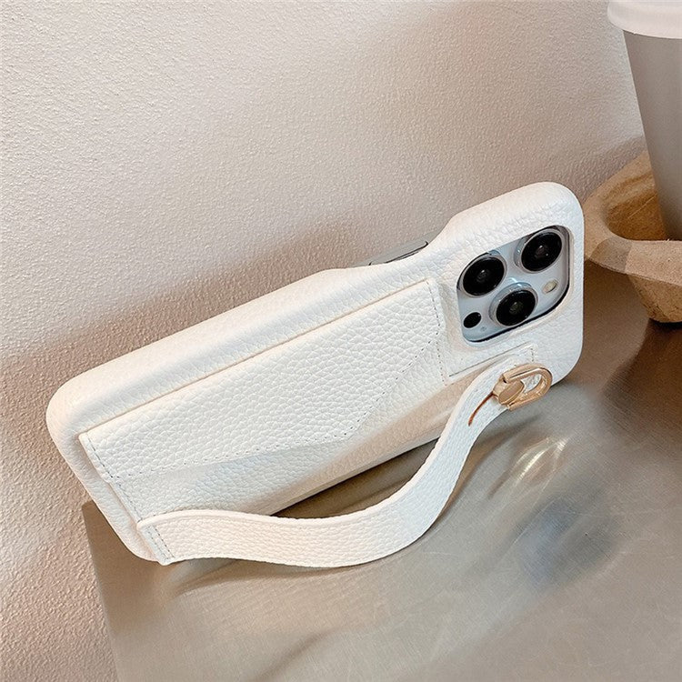 For iPhone 16 Pro Case Wristband Kickstand Card Slot PU Leather+PET Phone Cover - Dark Brown