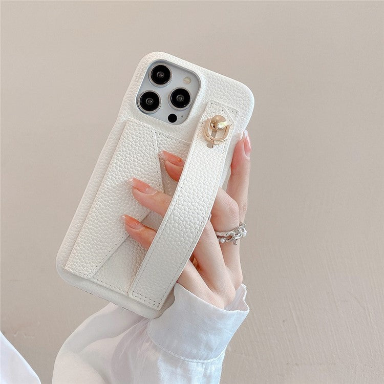 For iPhone 16 Pro Case Wristband Kickstand Card Slot PU Leather+PET Phone Cover - Dark Brown