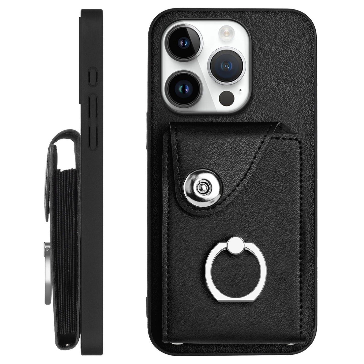 For iPhone 16 Pro Case YB Leather Coating Series-7 Card Holder Leather TPU Phone Cover with Kickstand - Black