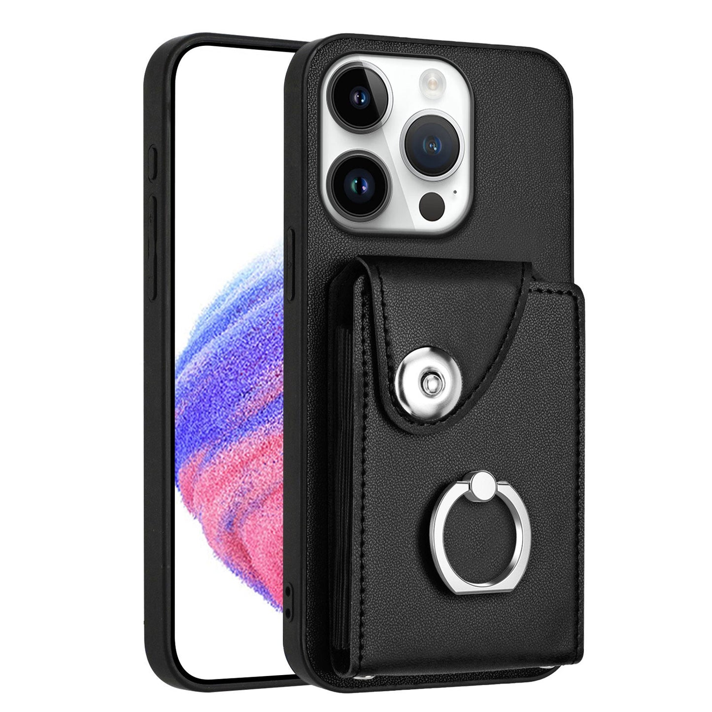 For iPhone 16 Pro Case YB Leather Coating Series-7 Card Holder Leather TPU Phone Cover with Kickstand - Black