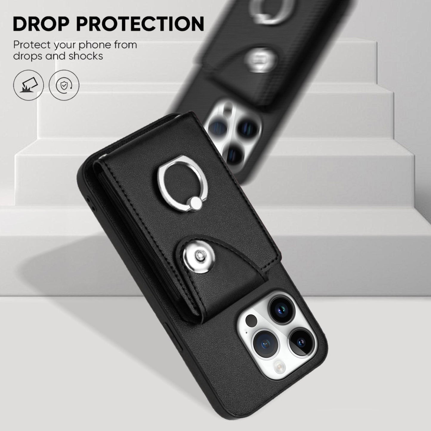 For iPhone 16 Pro Case YB Leather Coating Series-7 Card Holder Leather TPU Phone Cover with Kickstand - Black