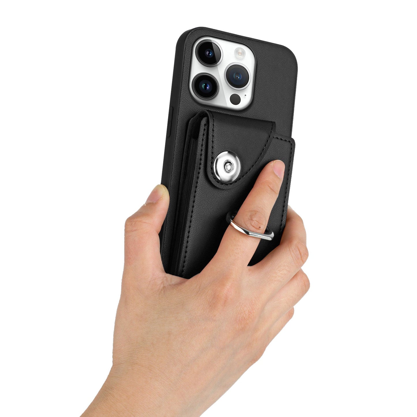 For iPhone 16 Pro Case YB Leather Coating Series-7 Card Holder Leather TPU Phone Cover with Kickstand - Black