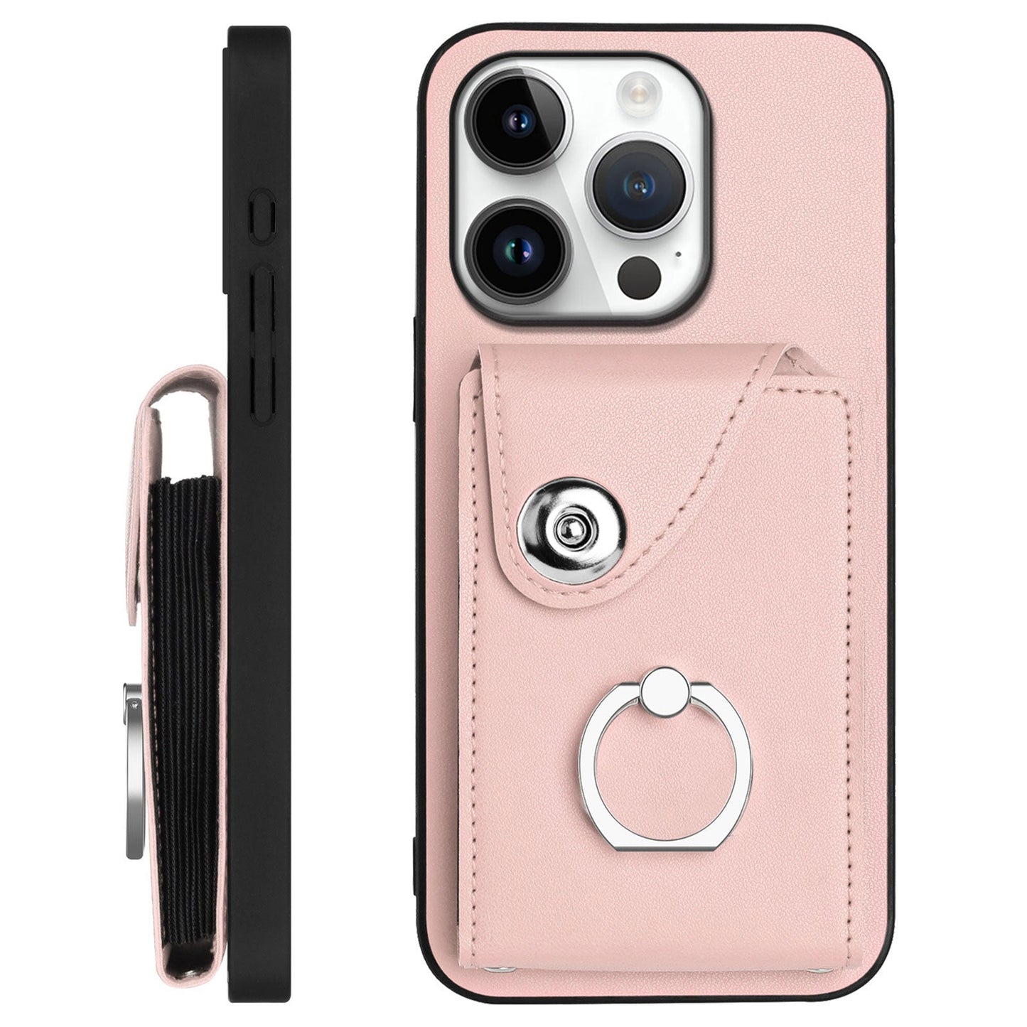 For iPhone 16 Pro Case YB Leather Coating Series-7 Card Holder Leather TPU Phone Cover with Kickstand - Pink