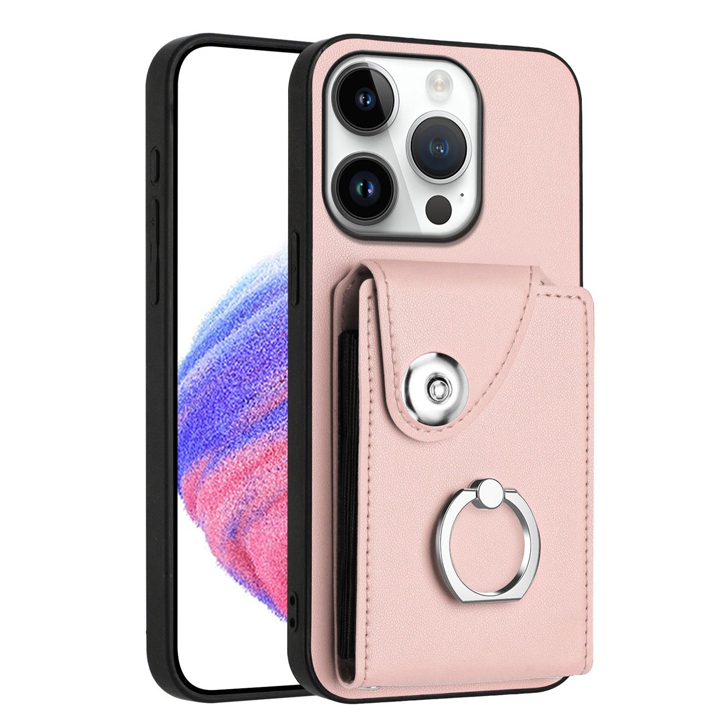 For iPhone 16 Pro Case YB Leather Coating Series-7 Card Holder Leather TPU Phone Cover with Kickstand - Pink
