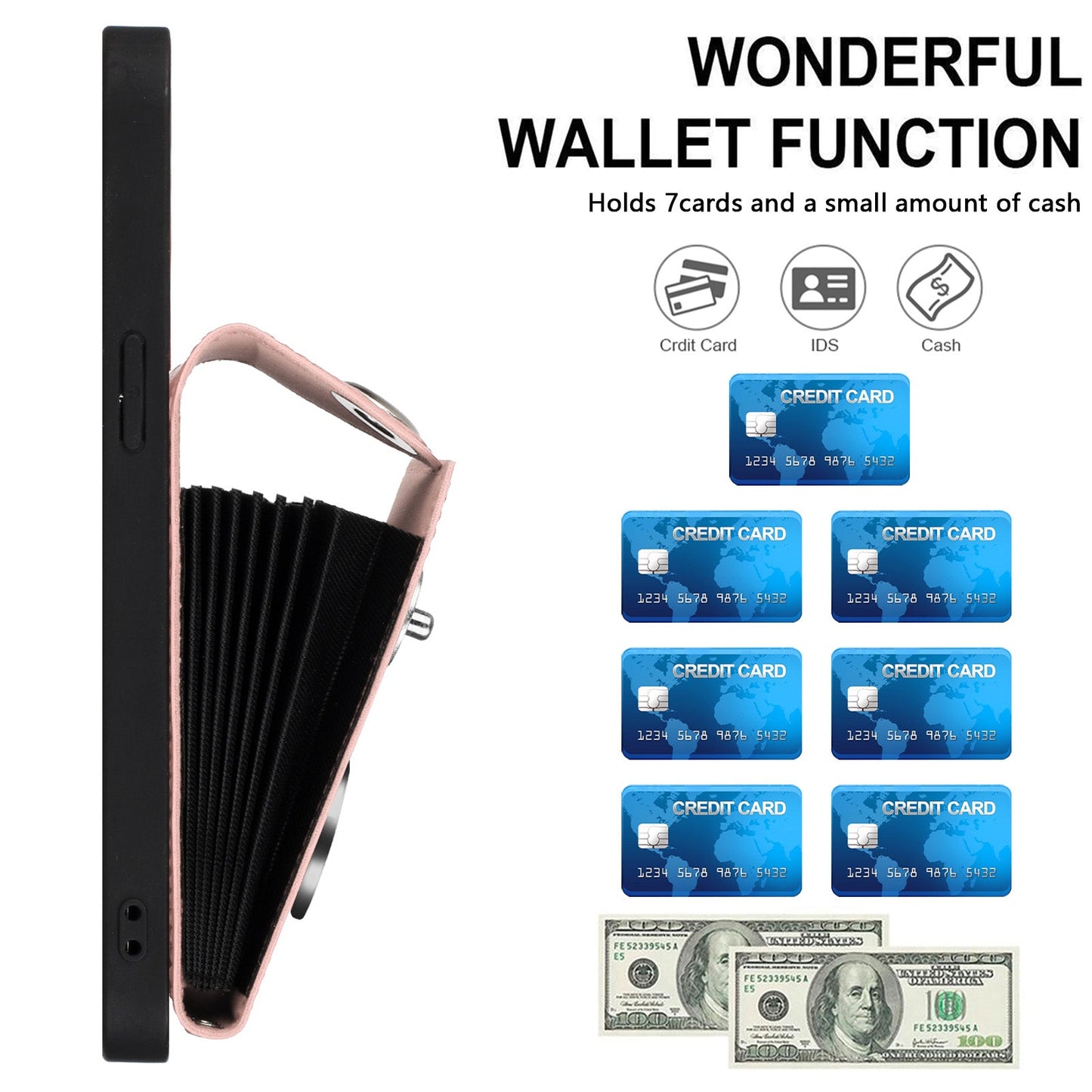 For iPhone 16 Pro Case YB Leather Coating Series-7 Card Holder Leather TPU Phone Cover with Kickstand - Pink