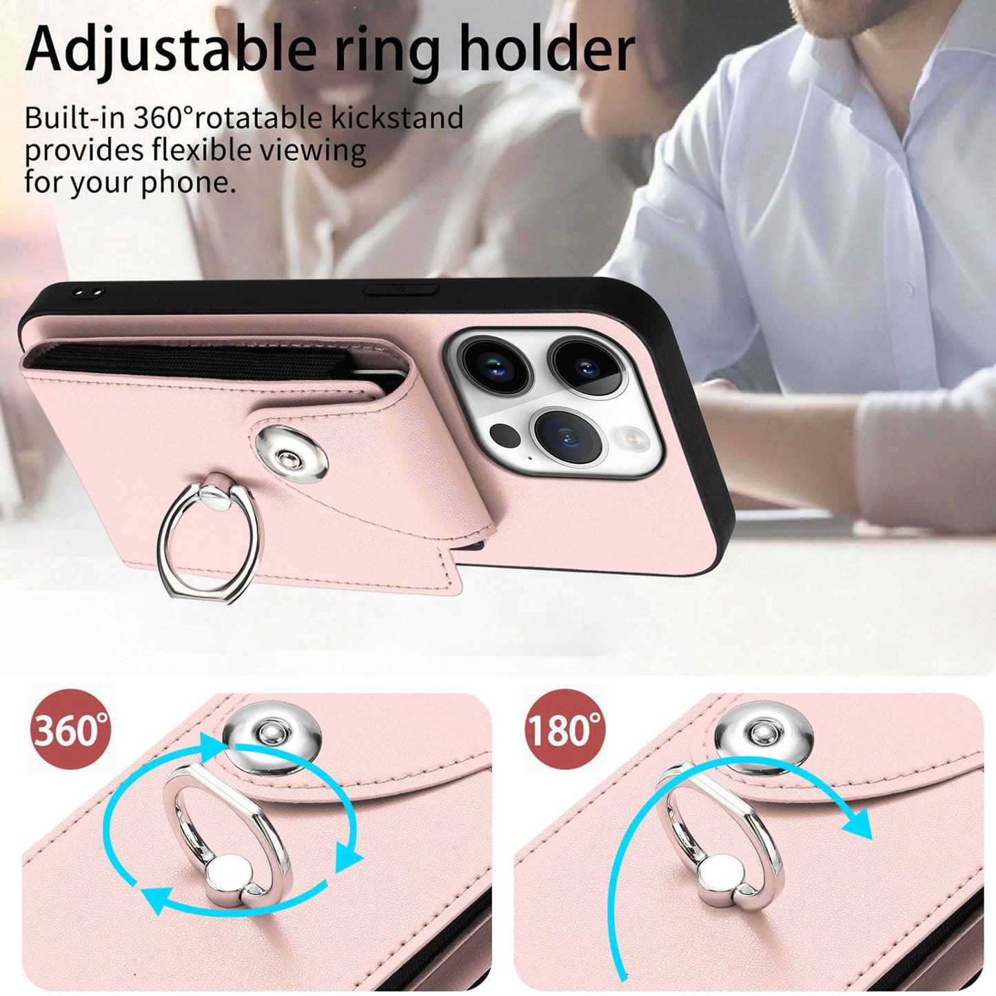 For iPhone 16 Pro Case YB Leather Coating Series-7 Card Holder Leather TPU Phone Cover with Kickstand - Pink