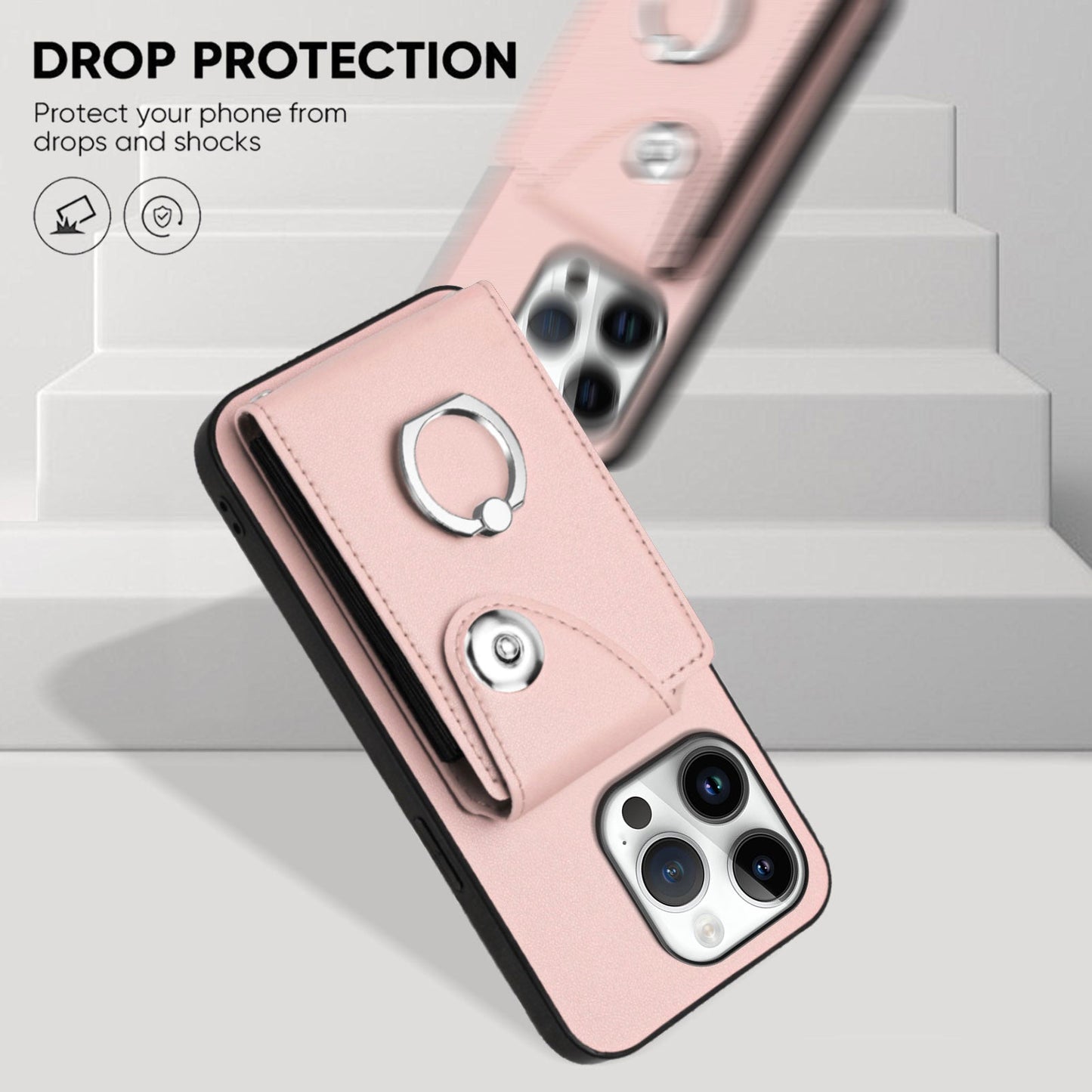 For iPhone 16 Pro Case YB Leather Coating Series-7 Card Holder Leather TPU Phone Cover with Kickstand - Pink